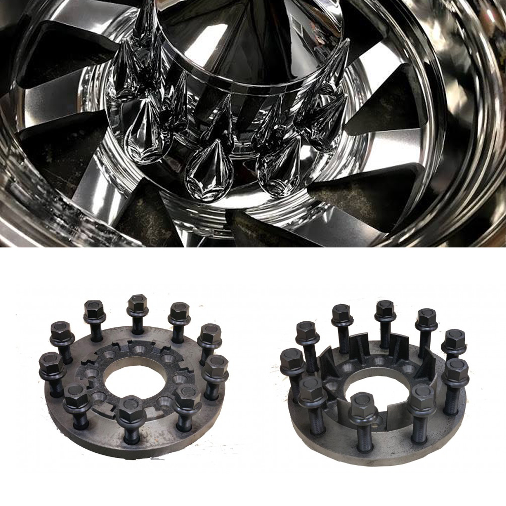 22x8.25 Custom Cut 10 Lug Dually Wheels & 8 To 10 Lug Steel Adapters Package